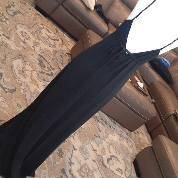 Moda International Pleated Tie Waist Boho Jersey Knit Maxi Dress Black sz Small - Picture 5 of 16